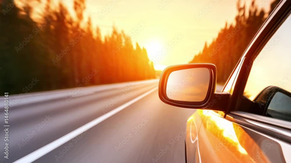 Sunset view from car side mirror on highway road with forest and warm sunlight reflection
