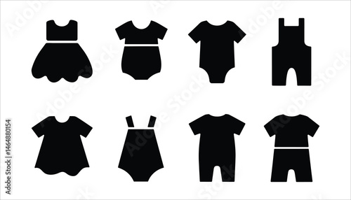 Children's Clothing Set Icons. Baby Dress, Bodysuit, and Romper Vector.