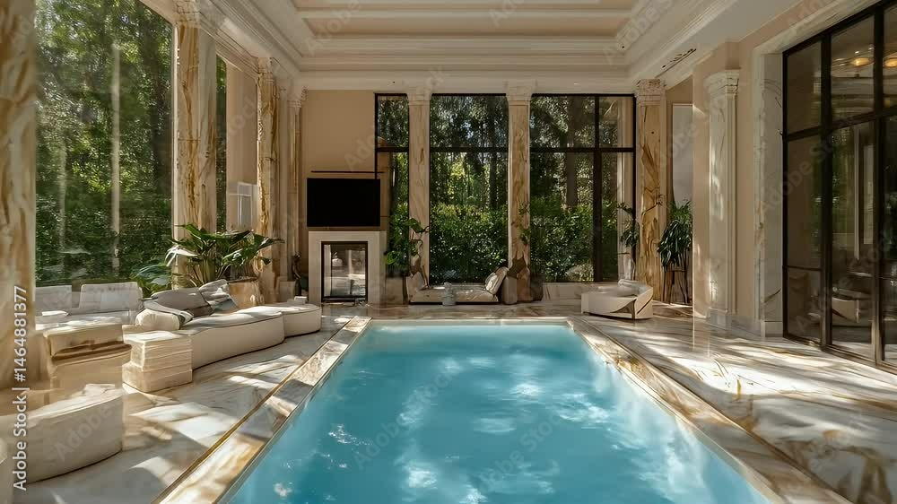 custom made wallpaper toronto digitalOpulent Indoor Swimming Pool Surrounded by Marble Columns and Lush Greenery with Natural Light Streaming Through Large Windows Creating a Serene Atmosphere