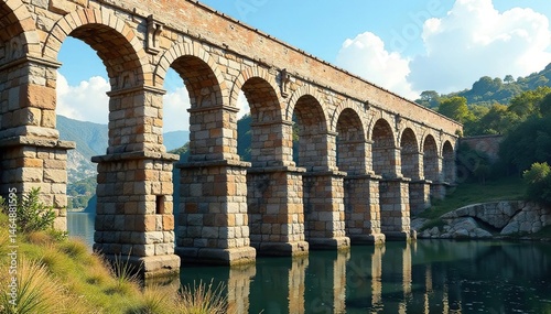 Ancient Roman aqueduct, weathered stone arches, masonry, stone, wall