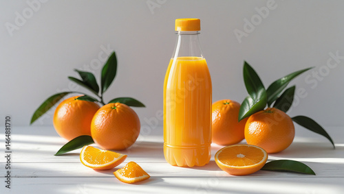 Clear plastic juice bottle mockup with whole oranges and slices. Minimalist style for drink branding or supermarket promotions