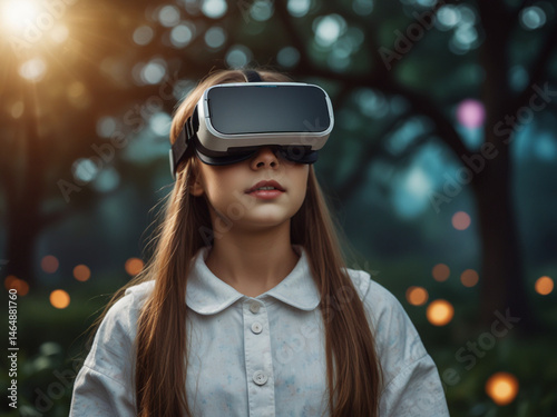 VR headset wearing young girl in a fantasy world 