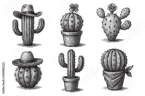 cactus set woodcut engraving vector illustration