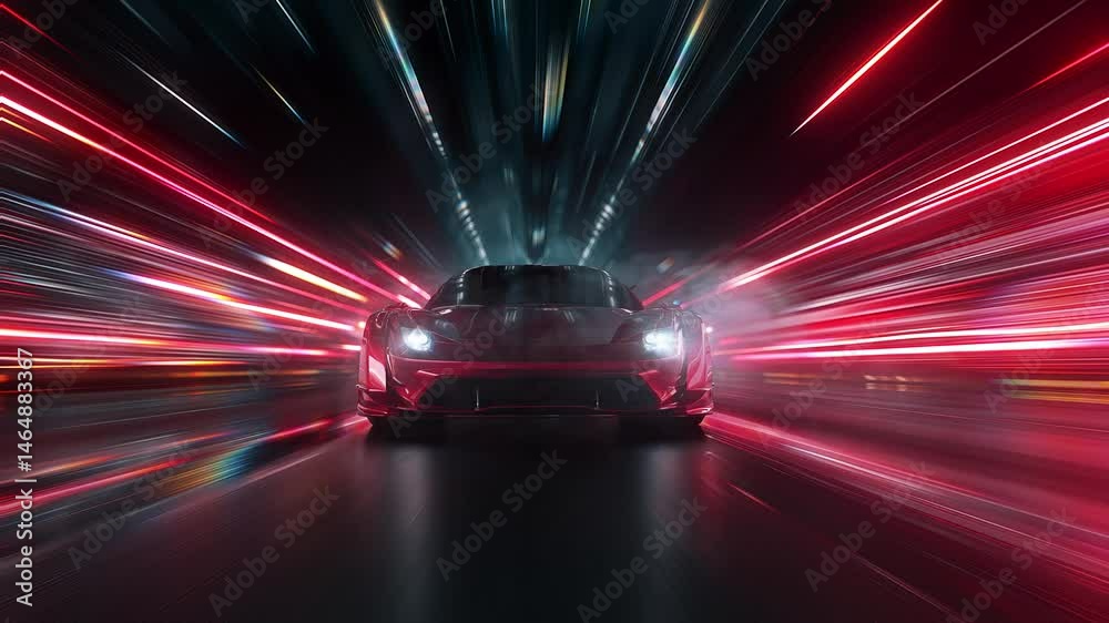 Generic red sports car racing at high speed on neon highway. Power acceleration on a night track with colorful lights. Futuristic digital background. Concept of velocity and technology. 3d animation
