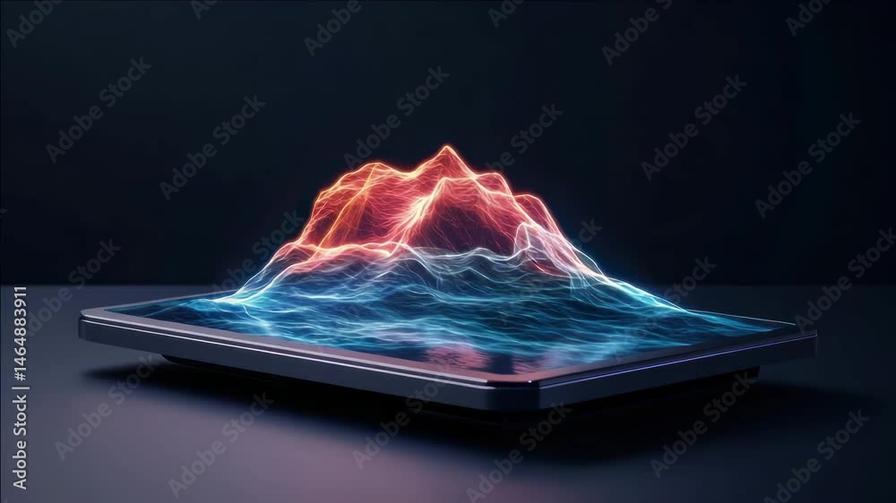 Hologram mountain projection on digital tablet with glowing blue and red technology display