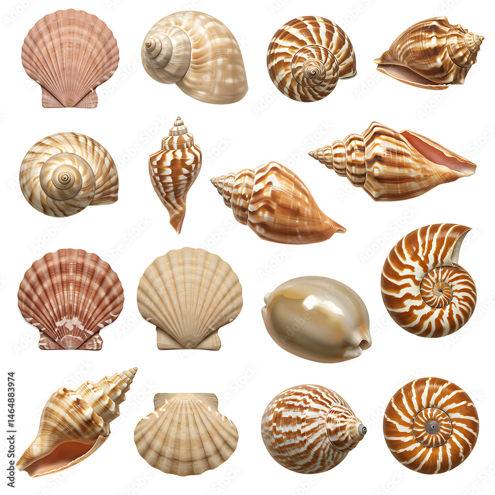 Assorted Seashells with Spiral and Fan Designs Isolated on Transparent Background
Assorted Seashells with Spiral and Fan Designs Isolated on Transparent Background