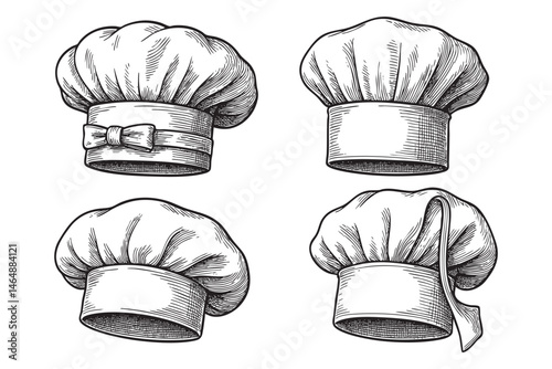 chef hat set woodcut engraving vector illustration