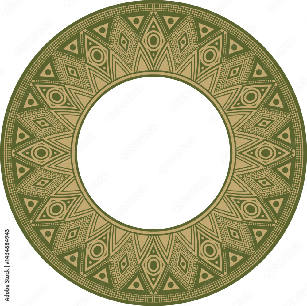 Fototapeta premium Native American vector round gold with green pattern. Geometric shapes in a circle. National ornament of the peoples of America, Maya, Aztecs, Incas. 