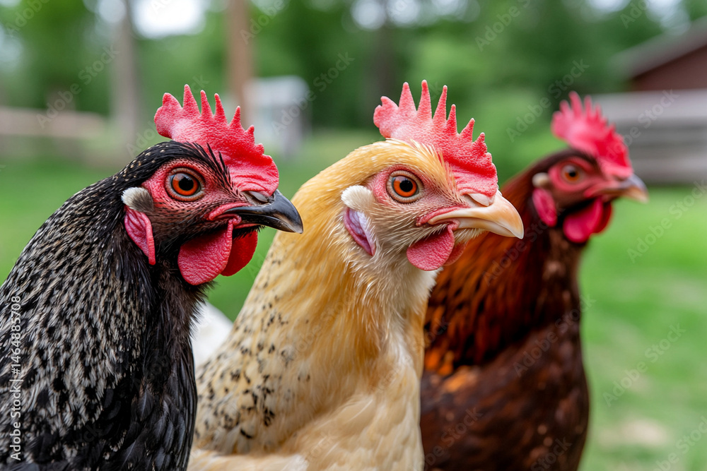 Fototapeta premium Poultry farm chaos with three chickens displaying vibrant feathers and curious expressions