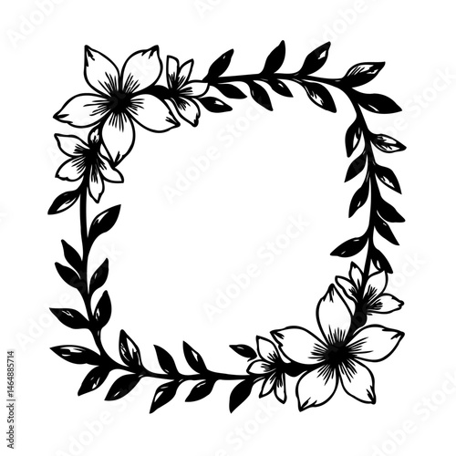 Elegant floral square frame with intricate botanical details in monochrome