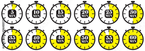Set of yellow stopwatch icons displaying countdown intervals in five-minute steps for timing signage procedure and office guideline. Stopwatch icons show time in five-minute steps. Vector illustration