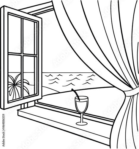 A white lighthouse tower stands as a historic coastal beacon, guiding navigation along the rocky island coastline under the vast sky and open sea,summer tropical beach seamless pattern Cute hand-drawn