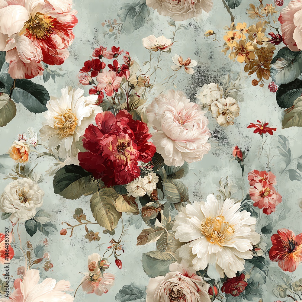Seamless pattern. A beautiful arrangement of colorful flowers against a soft background, perfect for decor.