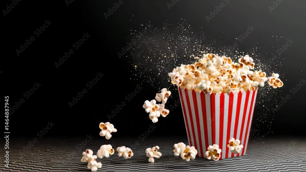 White popcorn snack bursting from striped container bucket with scattered kernels and food salt
