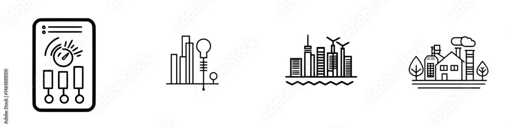Fototapeta premium Vector illustration icon collection showcasing city buildings, control panels, and renewable energy elements