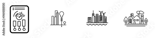Vector illustration icon collection showcasing city buildings, control panels, and renewable energy elements
