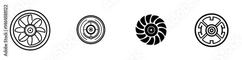 Vector illustration of four unique fan and turbine icons showcasing diverse designs and styles in monochrome format