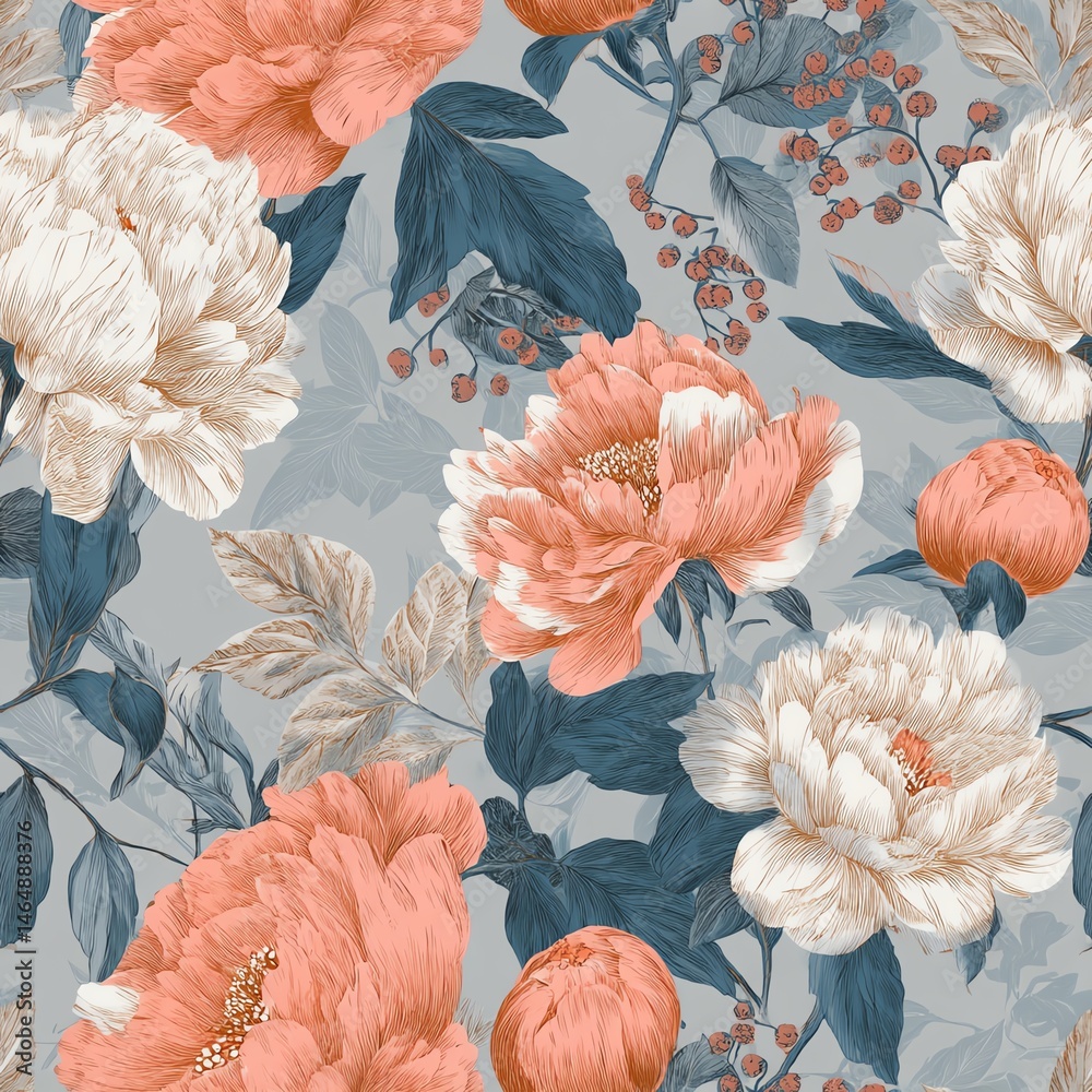Seamless pattern. A beautiful floral pattern featuring peonies and foliage in soft hues.