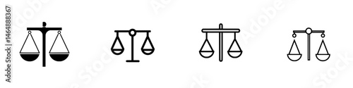 Balanced justice scales in black and white vector illustration representing fairness and equality concepts