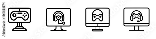 Vector illustration of gaming icons depicting controller, headset, and monitors in a minimalist design for game enthusiasts and developers