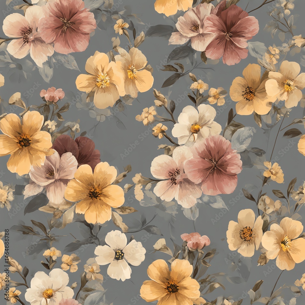 Seamless pattern. A beautiful floral pattern featuring various colorful flowers on a soft gray background.