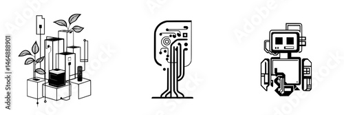 Vector illustration featuring plants, technology, and a robotic figure in a modern design