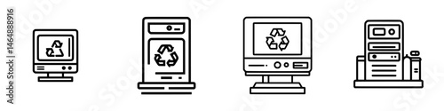 Vector illustration of electronic waste recycling icons showcasing various devices and recycling symbols