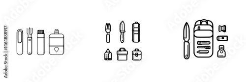 Vector illustration of essential tools and utensils for outdoor activities and adventures, suitable for hiking, camping, and picnics