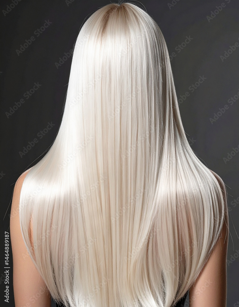 Naklejka premium Back view of a woman with long, smooth, platinum blonde hair against a dark background. Shiny, healthy strands flowing naturally, showcasing beauty, haircare, and elegant hairstyle concept. 