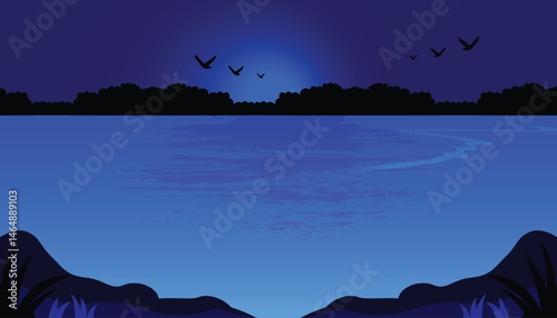 Beautiful Scenic night lake view with calm water and birds flying, silhouette style landscape in deep blue tones, peaceful nature vector illustration.
