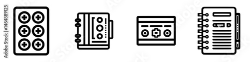 Vector illustration icons depicting various types of storage solutions for electrical batteries, notebooks, and cassette tapes