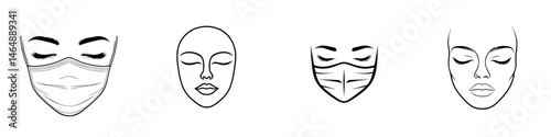 Vector illustration of facial expressions showing relaxation and tranquility with and without face masks during a serene moment