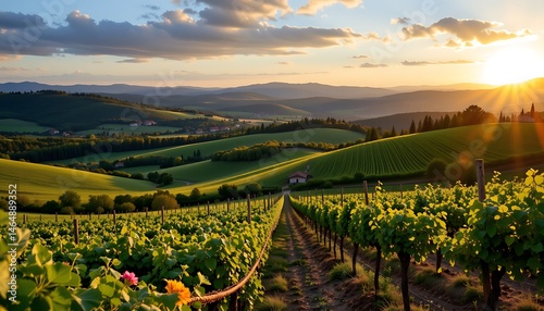 photorealistic tuscan countryside scenery, lush vineyards, rolling green hills, golden sunset, serene ambiance, 4k resolution photo