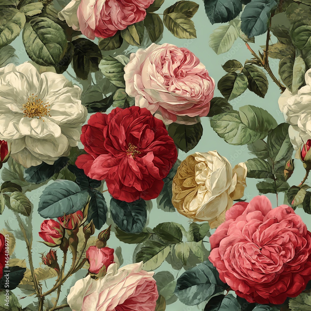 Seamless pattern. A beautiful vintage floral pattern featuring various roses in soft colors.