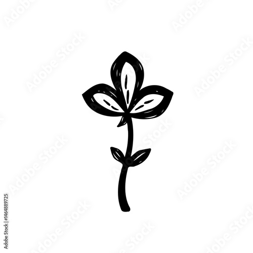 Stylized botanical illustration of a singular stem with three simple leaves