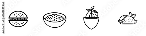 Various vector illustration icons of burgers, bowls, salads, and tacos representing popular food items in casual dining settings