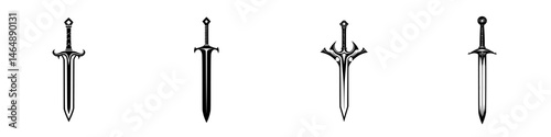 Collection of four distinct vector illustration sword designs showcasing various shapes and styles suitable for fantasy themes