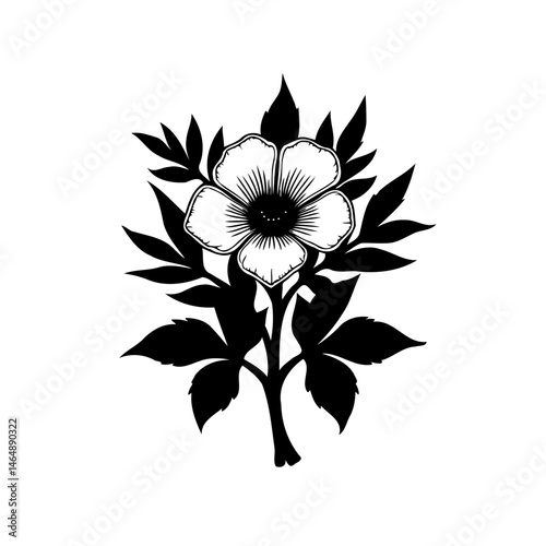 Monochrome Floral Design: Elegant Blossom and Leaf Illustration Art