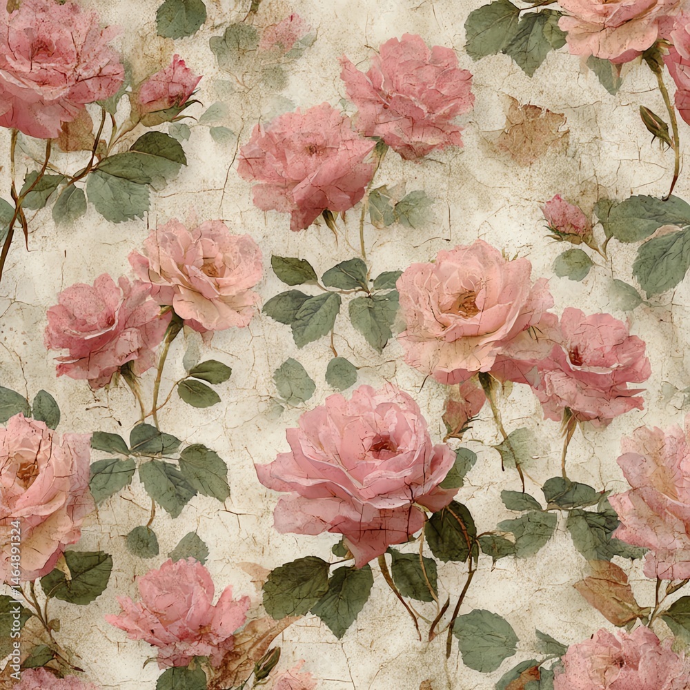 Seamless pattern. A vibrant pattern of pink roses elegantly arranged on a vintage background.
