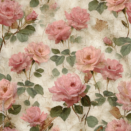 Seamless pattern. A vibrant pattern of pink roses elegantly arranged on a vintage background.