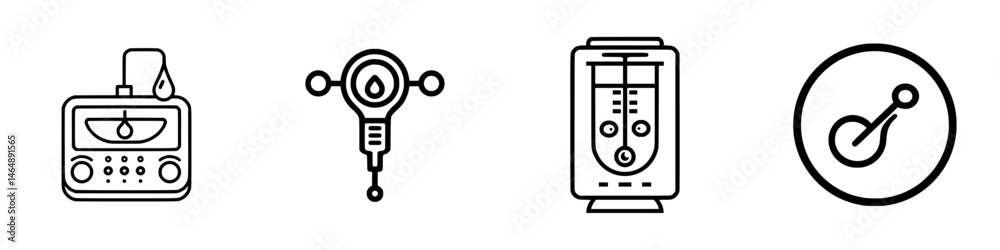 Vector illustration icon set featuring radio, laboratory equipment, blender, and measurement tool for digital design projects Vector illustration icon set featuring radio, laboratory equipment, blender, and measurement tool for digital design projects