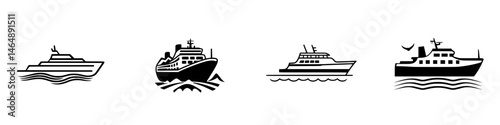 Vector illustration of different types of ships on calm waters showcasing maritime transportation options in a minimalist style
