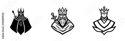 Illustration of medieval characters showcasing a knight, a king, and a queen in a minimalist and bold design