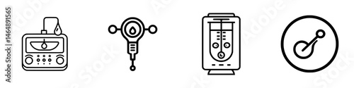 Vector illustration icon set featuring radio, laboratory equipment, blender, and measurement tool for digital design projects