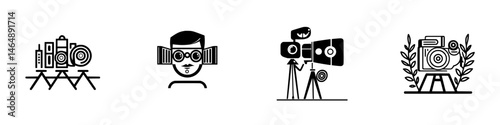 Collection of vector illustration icons depicting photography tools, equipment, and enthusiasts in a modern style for creative projects