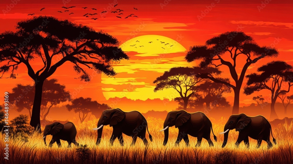 Obraz premium Scenic savanna sunset with acacia trees and a majestic elephant family walking