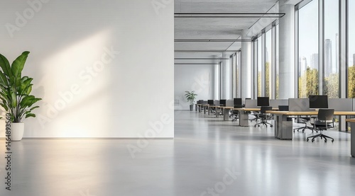 Fototapeta Naklejka Na Ścianę i Meble -  Minimalist office interior with blank wall for poster mockup and bright open workspace with modern furniture and large windows for natural light. 3D Rendering,


