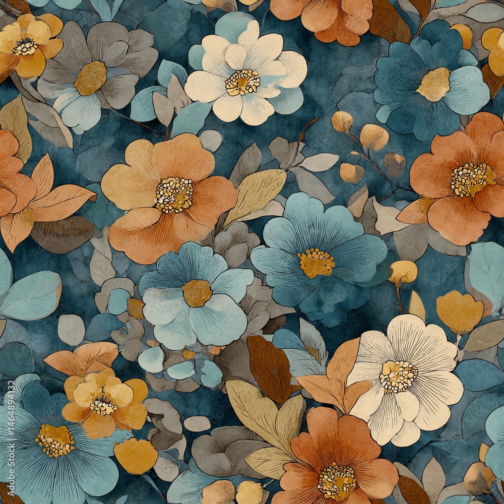 Seamless pattern. Vibrant floral pattern featuring a mix of colorful flowers and greenery.