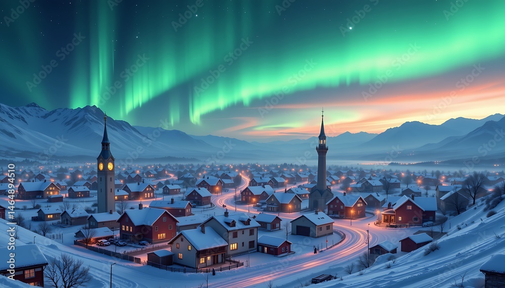 Obraz premium photorealistic arctic cityscape, snow covered buildings, aurora borealis, mystical ambiance, 4k resolution