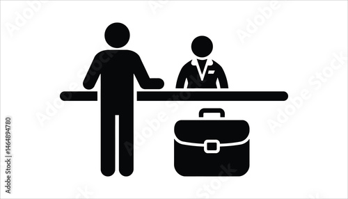 Business Reception Icon. Person Checking In with Staff at Counter